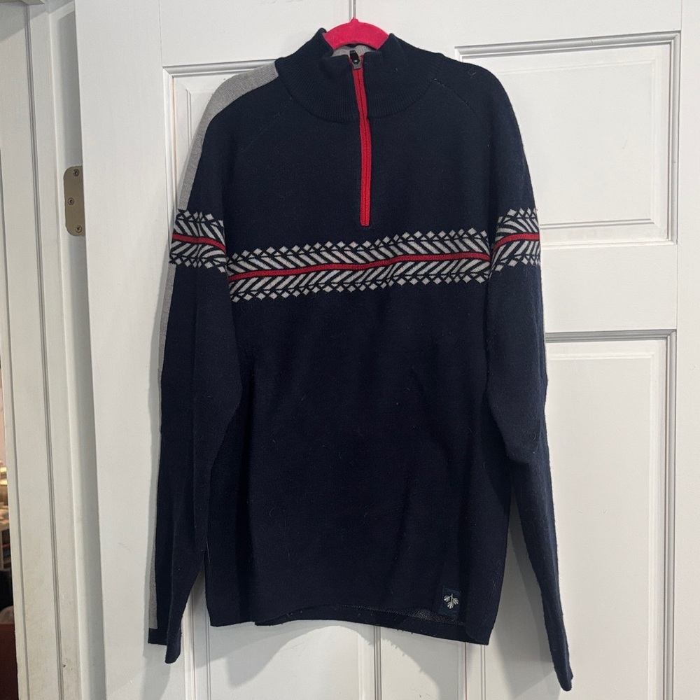 Men's Navy and Red Patterned Zip-Up Sweater